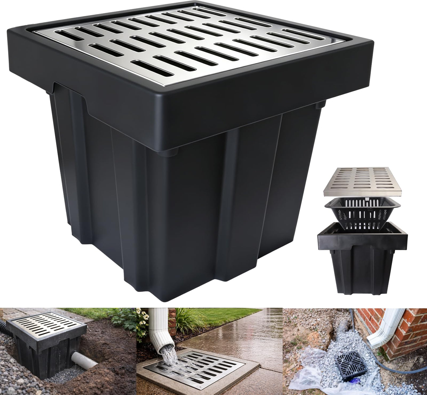 Catch Basin with 304 Stainless Steel Grate,18x18x15in Square Catch Basin for Drainage with Debris Basket, Corrosion Resistant French Drain Basin Without Reserved Hole for Yard, Patio, Downspou, Lawn