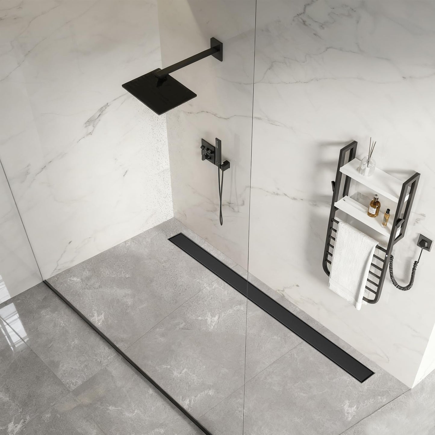 EBYTE Linear Shower Drain, 48 Inch Matte Black 304 Stainless Steel Shower Drain with Tile Insert Panels, Long Rectangle Shower Floor Drain with Adjustable Feet, Hair Catcher, Fits Bathroom, Balcony