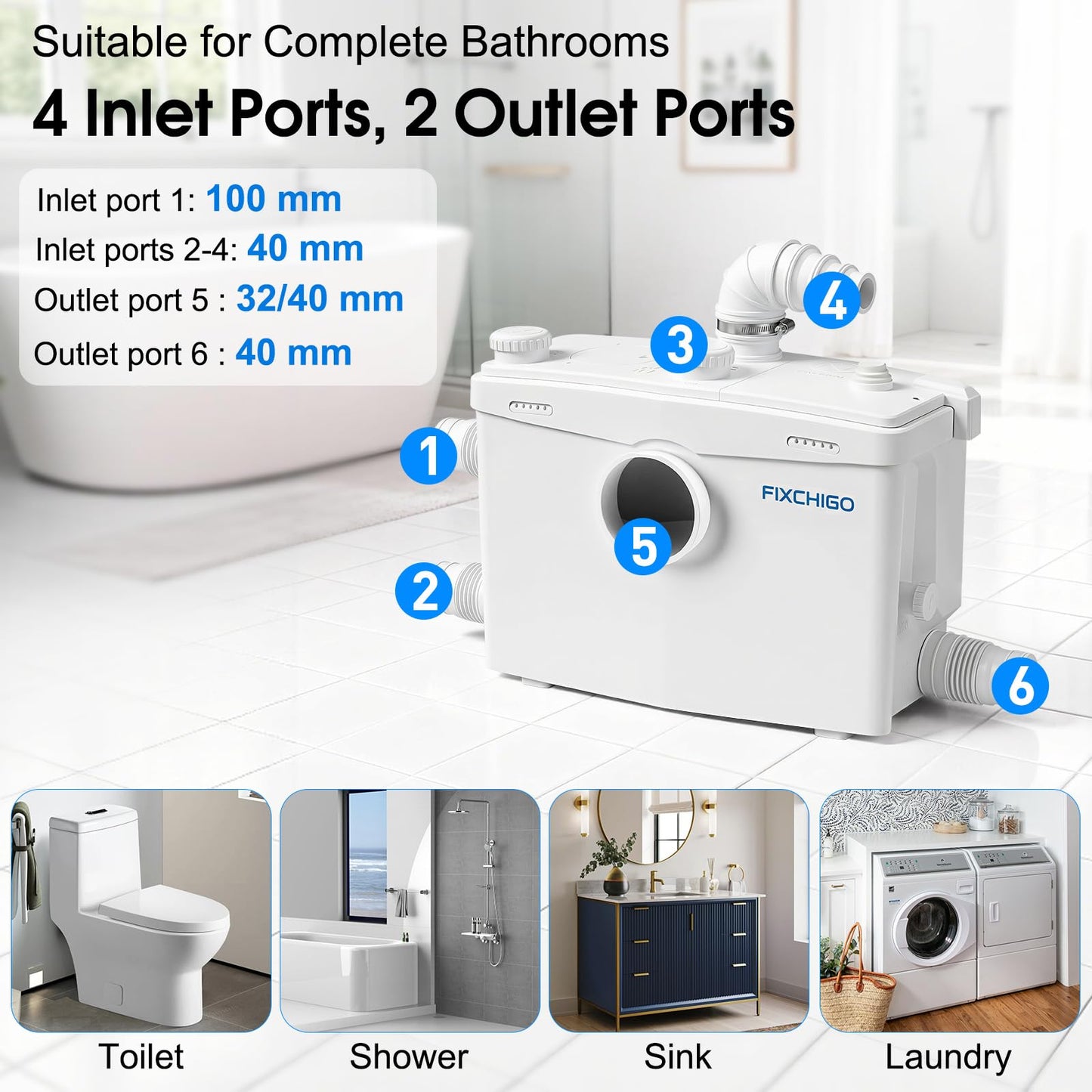 FIXCHIGO 1500W Macerator Pump, Macerating Toilet System with 4 Inlets/2 Outlets, 48 GPM Flow, 42.7 FT Head, PCB Smart Control Sewage Pump for Basement, Sink, Toilet, Laundry, Kitchen