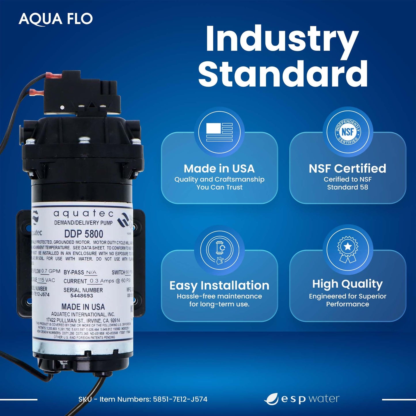 Aquatec DDP 5800 RO Delivery Demand Pump, 0.7 GPM, 3/8-Inch Quick Connect, 120V – High Flow Rate, Durable, Compact, Quiet, Compatible with Most Tank-Based Reverse Osmosis Systems 5851-7E12-J574