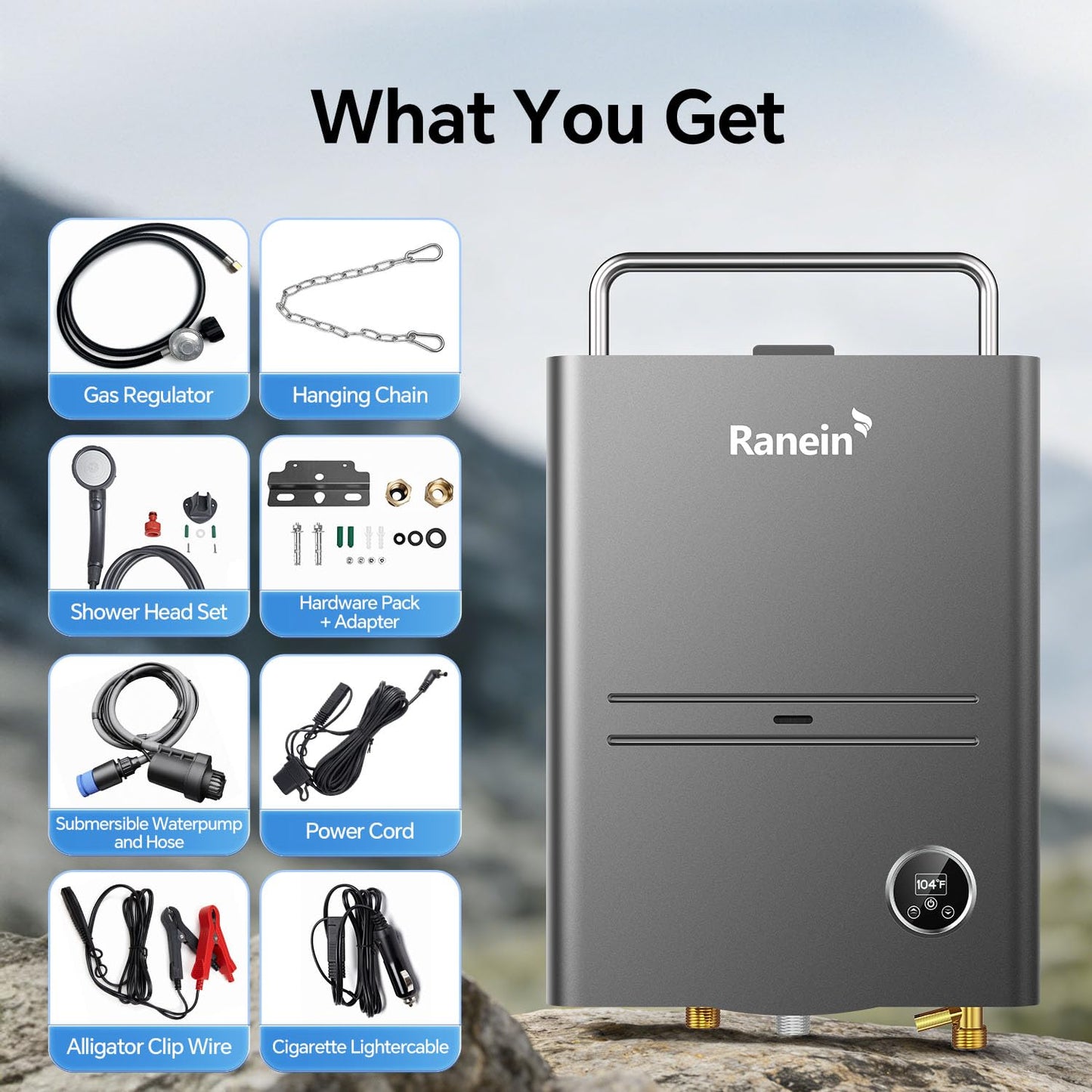 Ranein Portable Propane Tankless Water Heater 34,000 BTU 1.32 GPM with Thermostatic Control and Chain for Camping RV Outdoor Shower