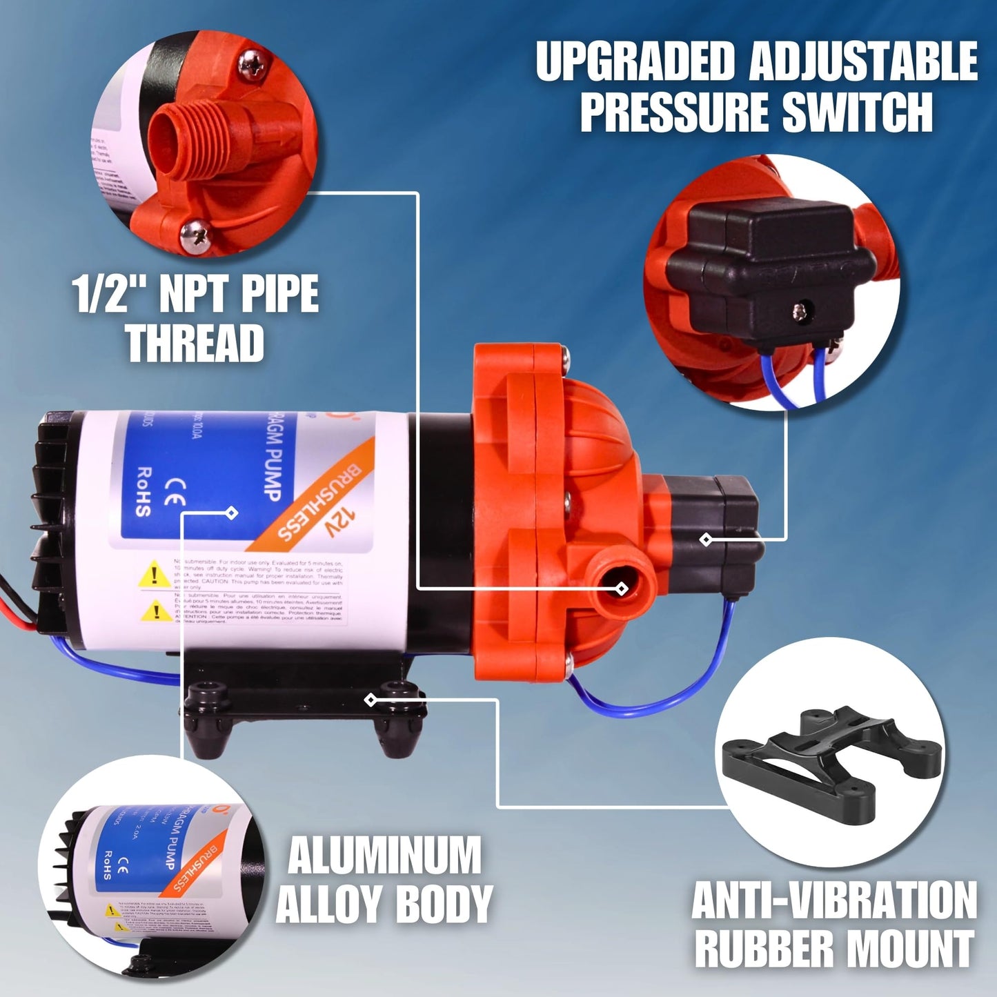 SEAFLO 33W Series 12V DC Brushless Automatic Demand Diaphragm Water Pressure Pump, 3.0 GPM, 45 PSI, Ultra Quiet Operation, Self-Priming, Overload Protection, NSF & UL Certified, 4 Year Warranty
