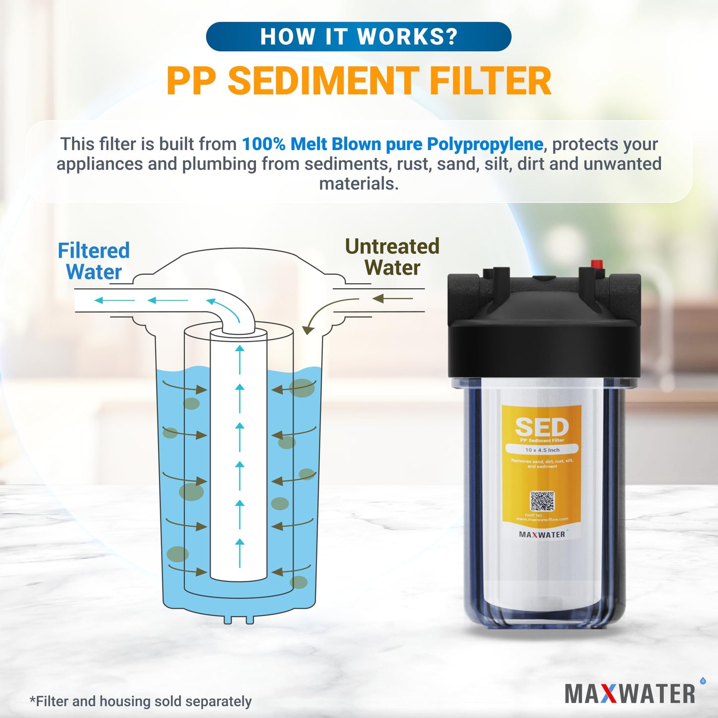 Max Water 10 Micron 10 x 4.5 inch Whole house Sediment Water Filter | Meltblown Polypropylene Well Water Filter Replacement Cartridges for DGD-5005, AP810, SDC-45-1001, GXWH30C, PP10BB (20 Pack)