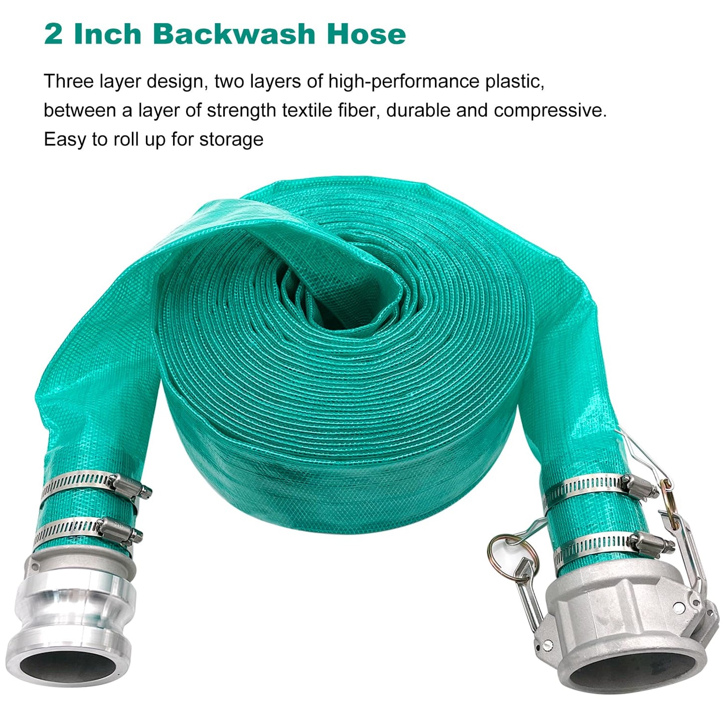 SAFBY Pump Water hose Discharge 2" x 50' Backwash Hose, 2" x 20' Suction Hose With Aluminum Camlock A C E D Fittings, Heavy Duty Three layer Backwash Drain Hose for pool(2 in, 50 ft outlet 20ft inlet)