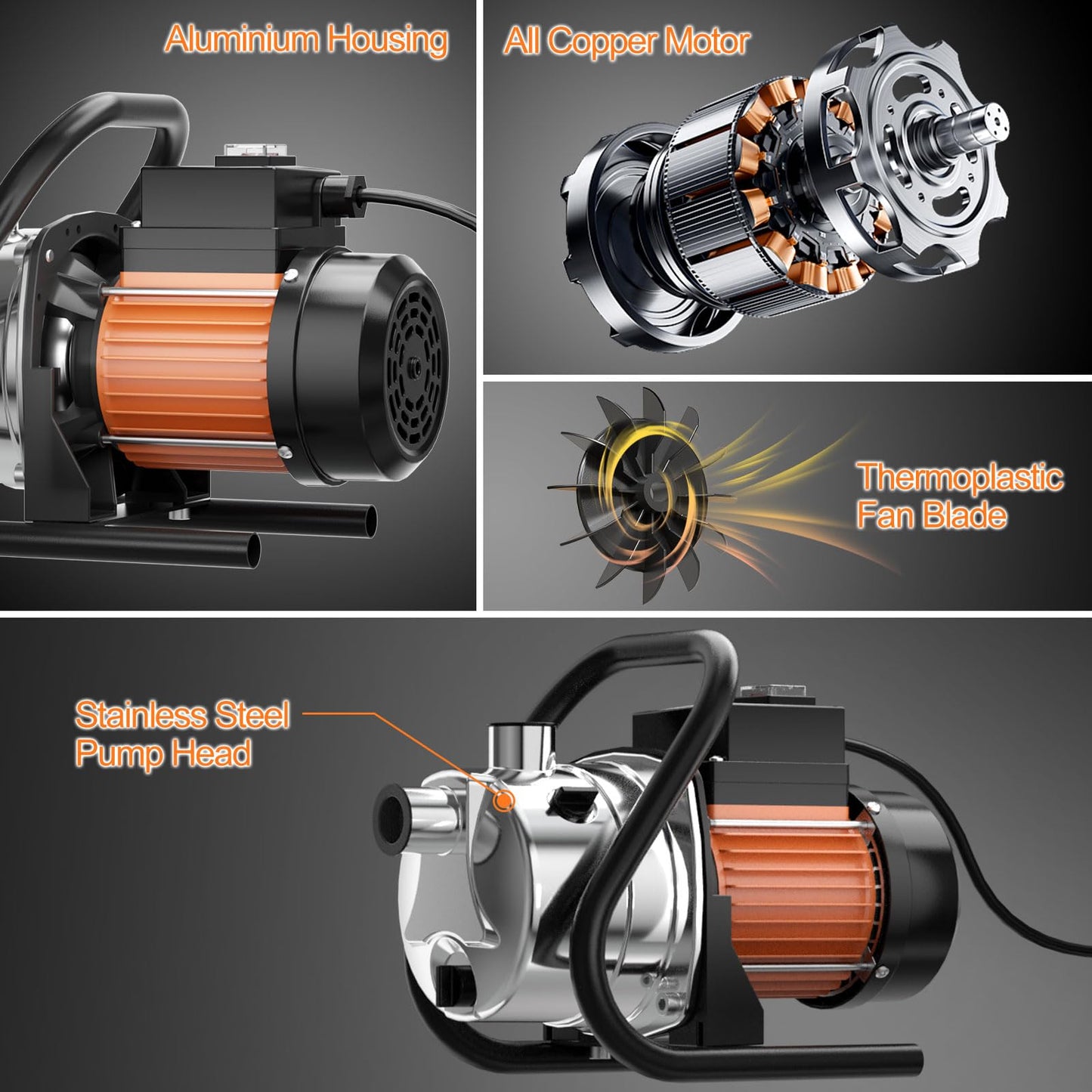 SHANGDA Water Transfer Pump 110V Shallow Well Pump 1.6HP Electric Portable Garden Pressure Booster Pumps for Sprinkler Irrigation Lawn with Adapters, Orange
