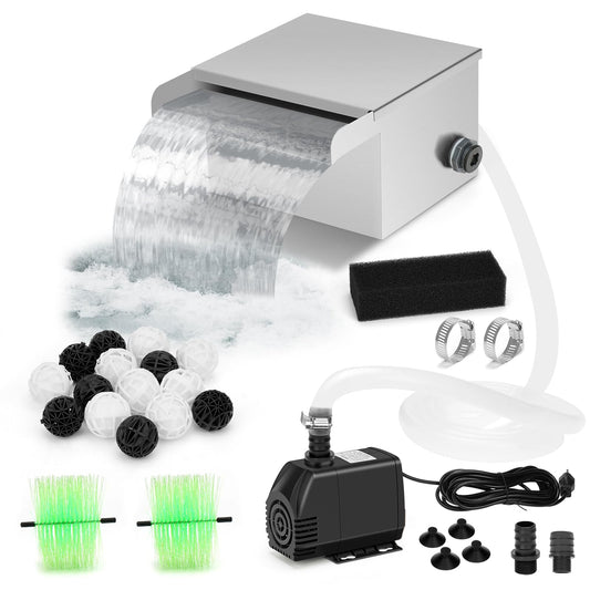 Pond Waterfall Spillway Kit with Filter Media & 800 GPH Pump, 304 Stainless Steel Waterfall Box, 9.8FT Hose, Complete Pond Kit for Outdoor Ponds, Koi Ponds, Fountain (8"L x 9.8"W x 5.1"H)