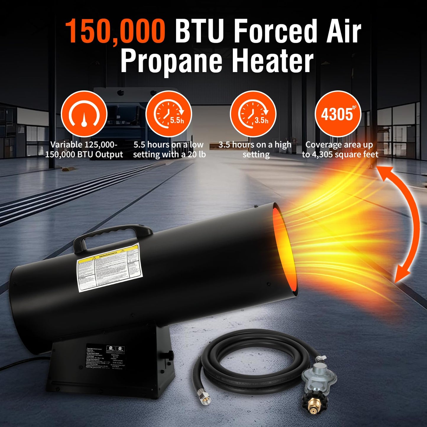 150,000 BTU Forced Air Propane Heater, for Garages, Construction Sites, Jobsite, Portable Torpedo Heater for Jobsite with 11FT Hose, Regulator, Automatic Overheat Protection Device, CSA Certification