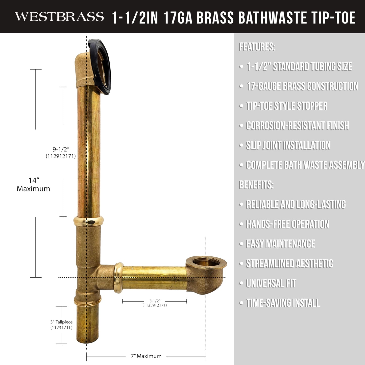 Westbrass A323-62 14" Bath Waste & Overflow Assembly with Trip Lever and Beehive Strainer Grid Drain, Matte Black