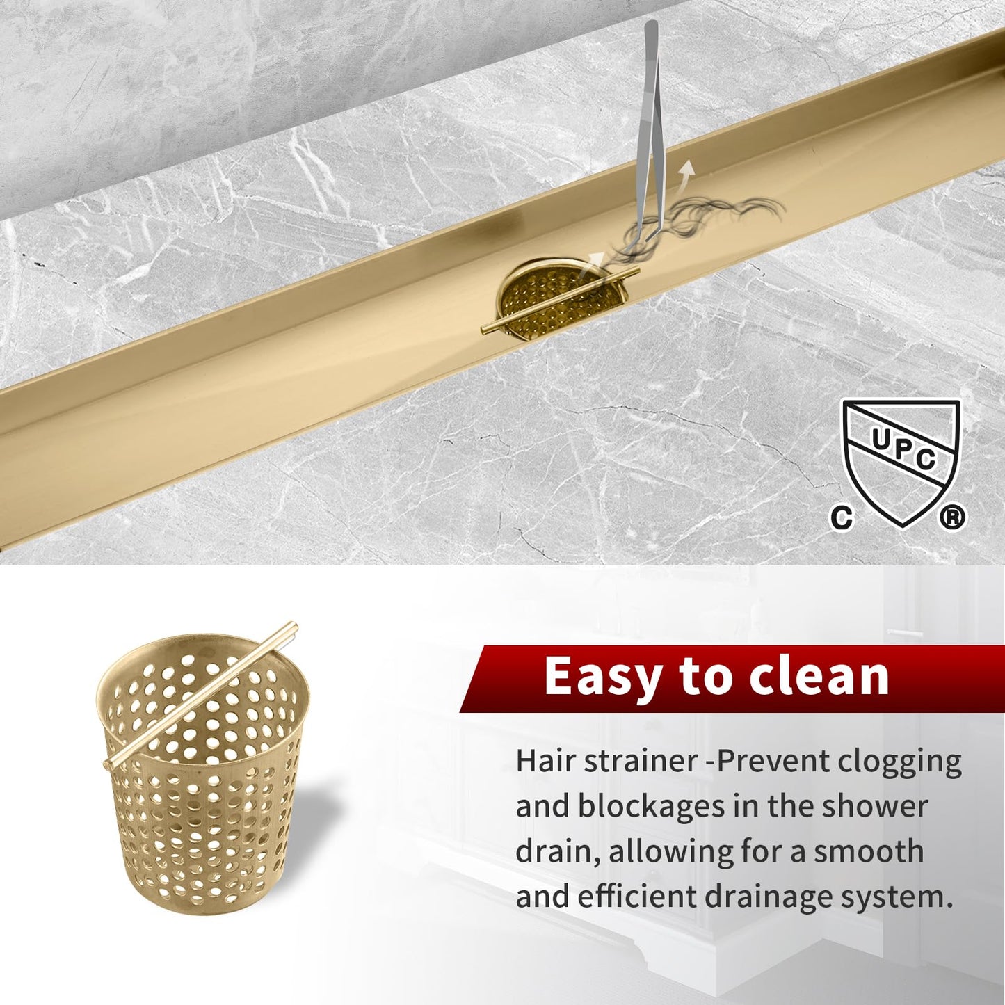 Sharp-tec Linear Shower Drain, 48 inch Shower Drain with Removable Pattern Cover, Brushed Gold 304 Stainless Steel Rectangle Floor Drain, Adjustable Feet and Hair Strainer Included