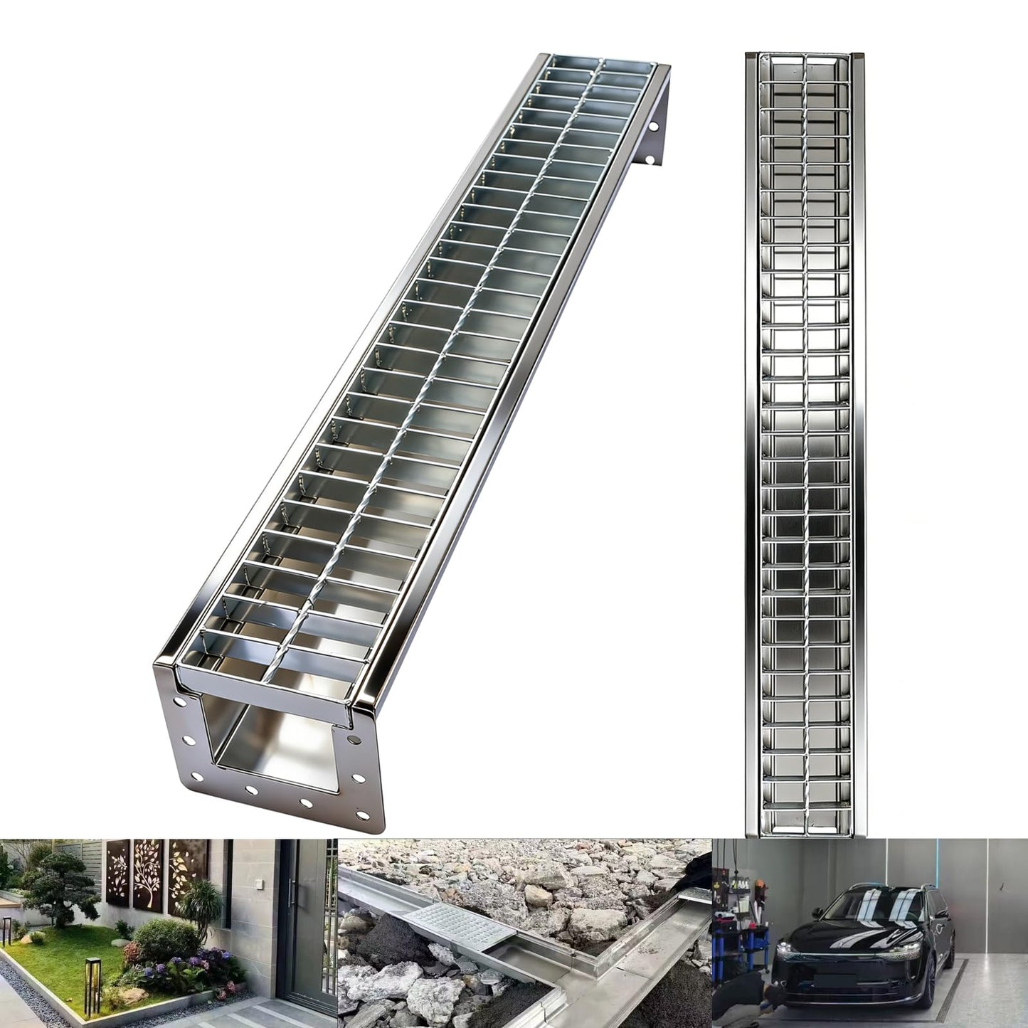 304 Stainless Steel Channel Drain with Galvanized Steel Drain Grate, 39.4×5.9×5.5in B-Class 28100 lbs Heavy-Duty Trench Drain System for 3”Pipe,Channel Drain Kit for Driveway,Outdoor,Yard,Garage Floor