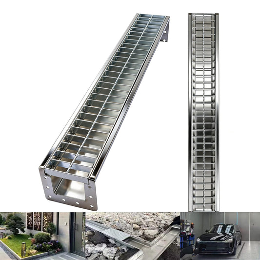 304 Stainless Steel Channel Drain with Galvanized Steel Drain Grate, 39.4×5.9×5.5in B-Class 28100 lbs Heavy-Duty Trench Drain System for 3”Pipe,Channel Drain Kit for Driveway,Outdoor,Yard,Garage Floor