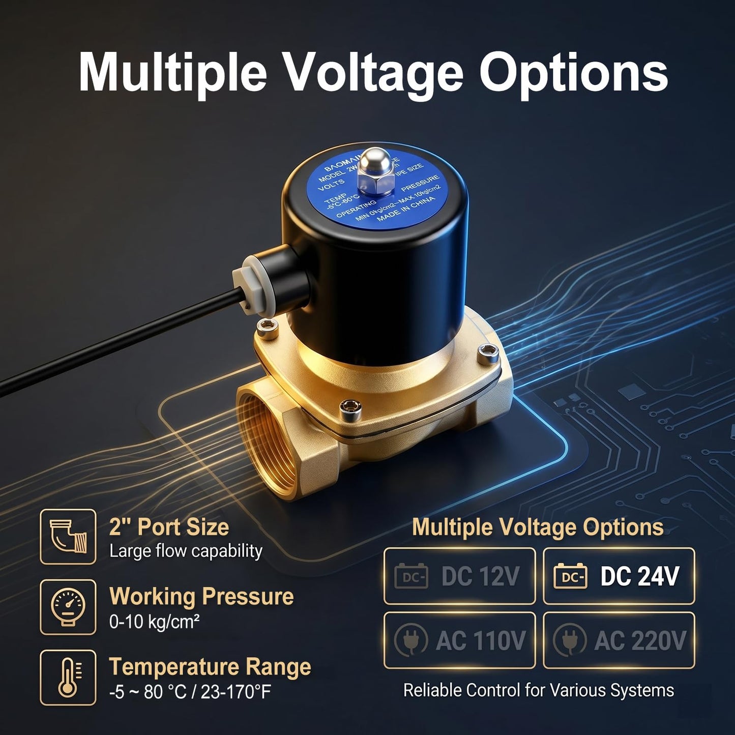 BAOMAIN 2 inch Brass Electric Solenoid Valve,DC 24V Normally Closed (NC),DN50 Direct Acting Pneumatic Valve for Water Air Gas,2W-500-50