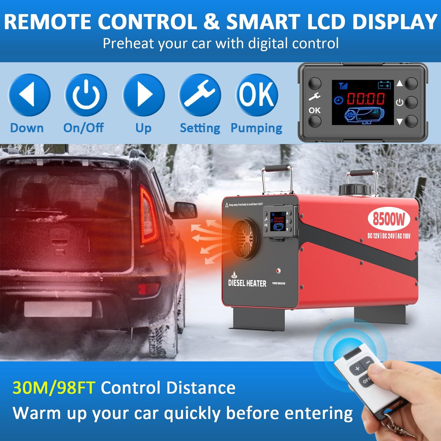 8500W Diesel Heater, 110V/24V/12V Ultra Parking Heater with Remote Control and LCD Display, 2025 Upgraded All-in-One Instant Heat Low Noise for RV Truck Boat Bus Home Shop (110V/24V/12V Heater)