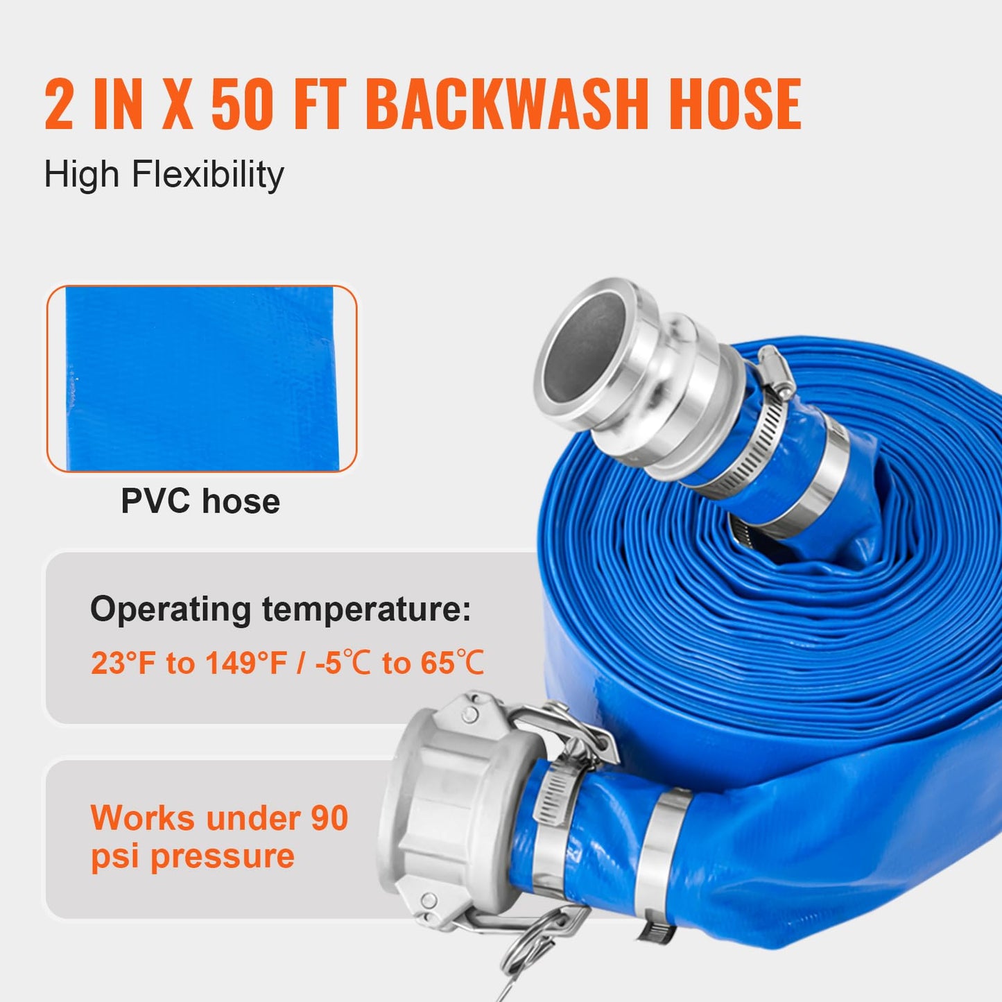 VEVOR Suction Hose Kit for Water Pump, with 2 in x 50 ft Blue Backwash Hose, 20 ft Green Suction Hose, and Steel Round Hole Strainer, Camlocks, Clamps, Cam & Groove Adapter, for Multiple Purposes