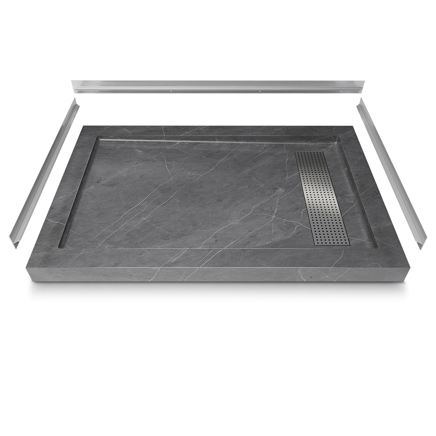 CKB 48 in x 32 in Shower Base, with Linear Drain Cover and Reversible Drain, Pre-Sloped Acrylic and Fiberglass Shower Pan with Removable Flanges, Gray Marble Look