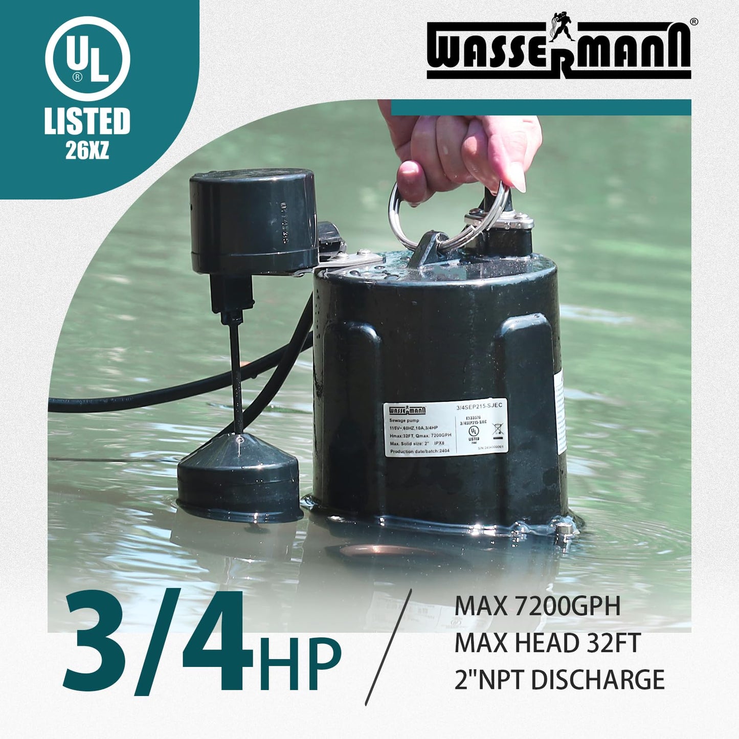 WASSERMANN 3/4 HP Sewage Pump 2 inch Discharge with Auto Float Switch, 115V 7200 GPH Cast Iron Submersible Sewage Pump, Sump Pump for Basement Sump Basin Sewer Well 2" NPT Discharge with 10 FT Cable