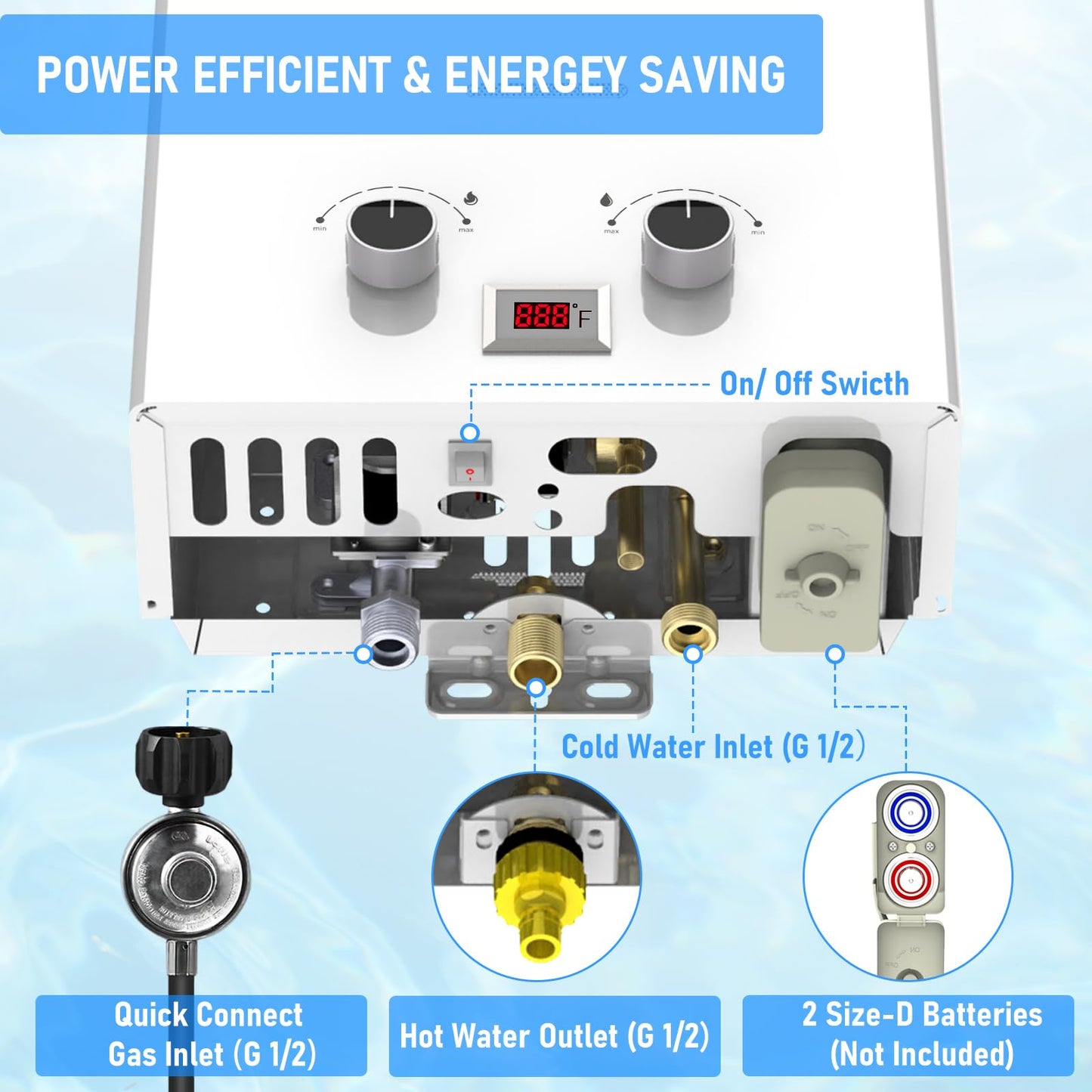 Tankless Water Heater, VANSTON Propane Water Heater Outdoor, 1.45GPM Portable Water Heaters, Instant Hot Water Heaters, Overheat Protection, Easy Installation, Lightweight with Handle for RV, Camping