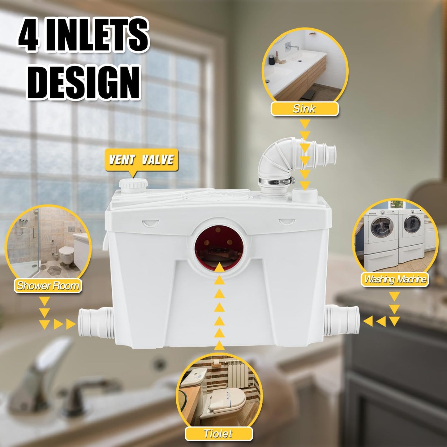 Trupow 500W 110V Macerator Sewerage Pump with 4 Water Inlets for Upflush Toilet System Waste Water Marine Toilet Bathroom Disposal Laundry
