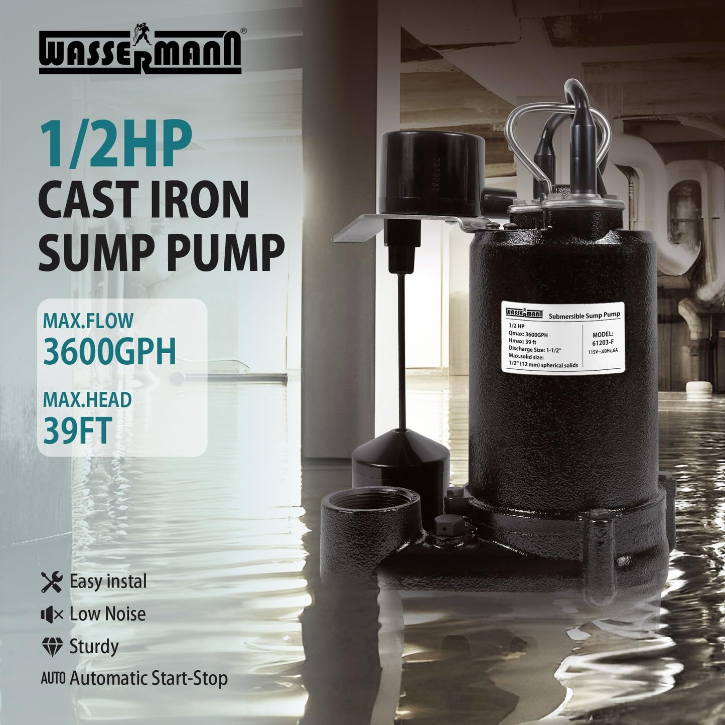 WASSERMANN 1/2HP 3600GPH Cast Iron Submersible Sump Pump with Vertical Float Switch,1-1/2"NPT Discharge Sewage Pump with 10FT Cord for Basement, Sump Basin, Sewage Well