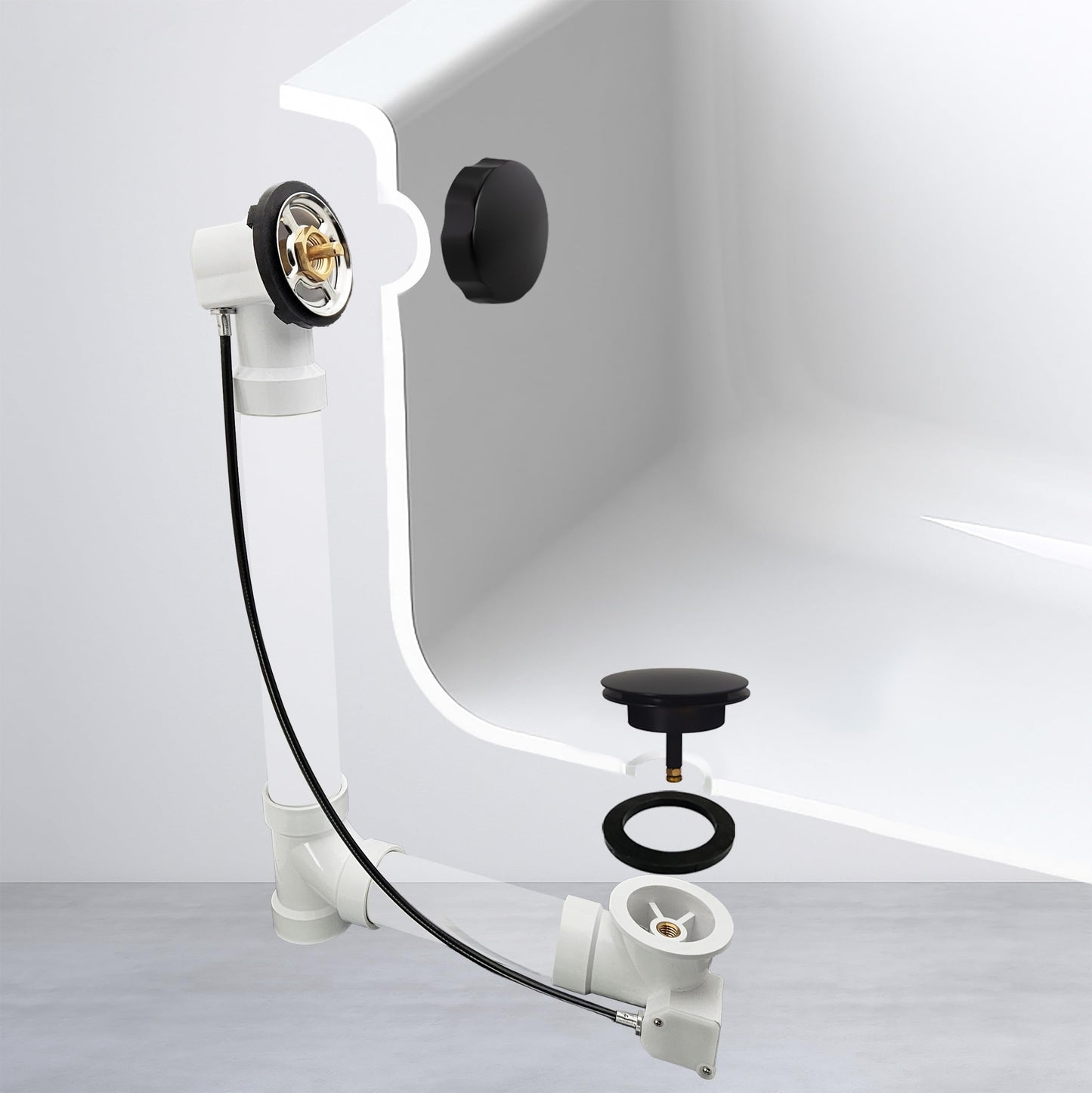 Westbrass A50P27-62 27" SCH. 40 PVC Cable Driven Bath Drain Trim Kit with Rotary Overflow Cover Knob and Pop-Up Stopper, Matte Black