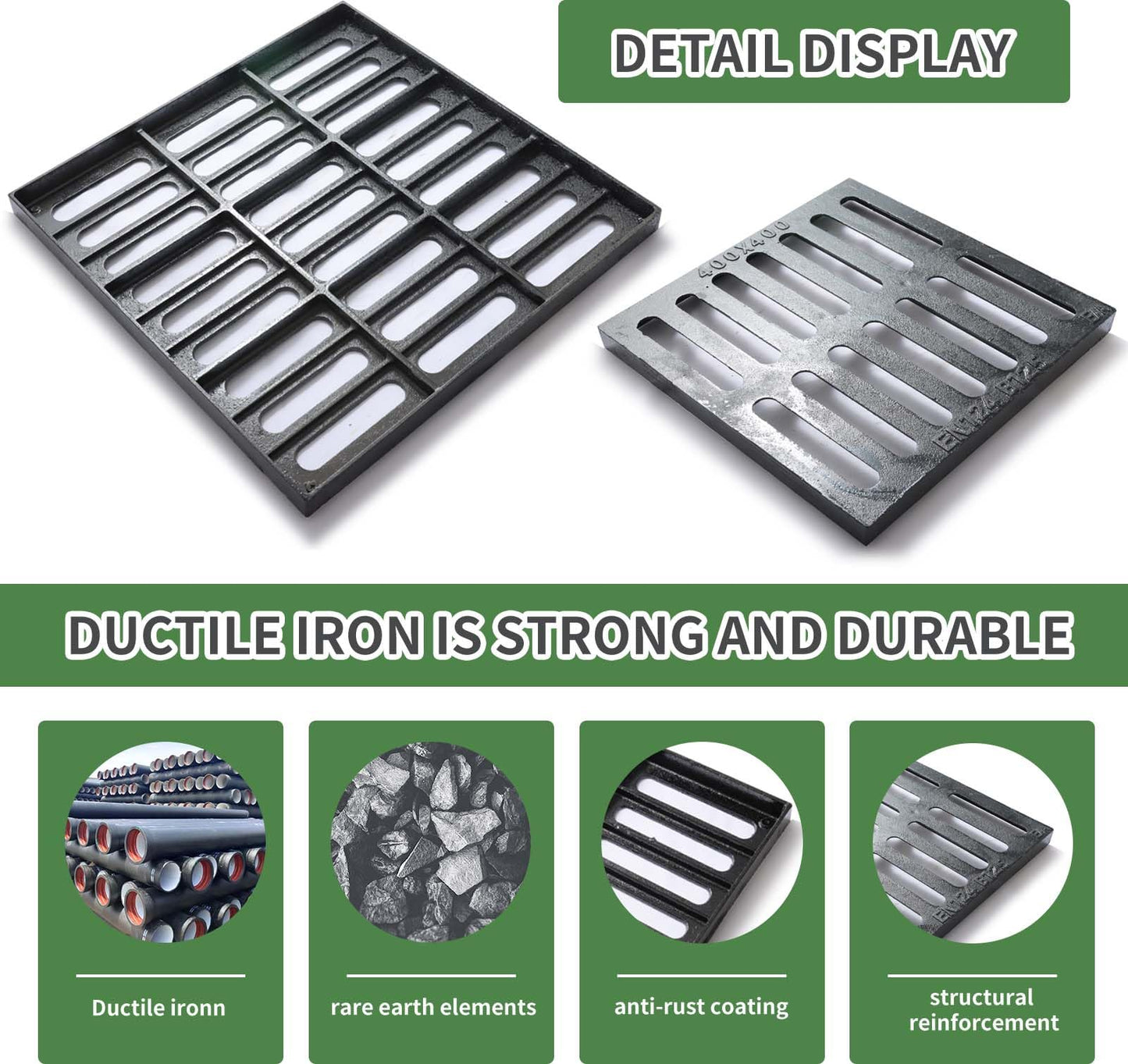 Cast Iron Drain Grate, 24in*16in Heavy Duty Outdoor Drain Cover, B125 Class Channel Grate, Metal Sewer Grate, Black Square Drainage Grate for Concrete Floor, Yard, Driveway & Garage.