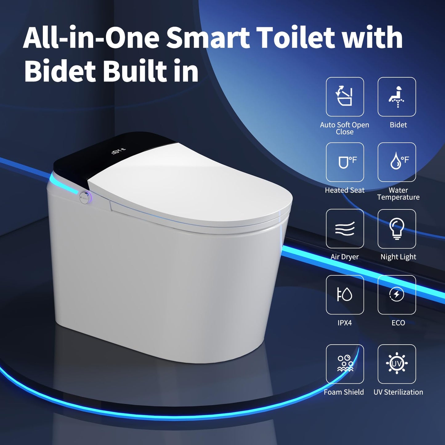 Smart Toilet with Bidet Built in, 360° Siphon Auto Flush & Automatic Lid, One Piece Toilet for Bathrooms with LED Display, Heated Seat, Warm Water, Dryer, Foam Shield, Night Light, 12" Rough-in