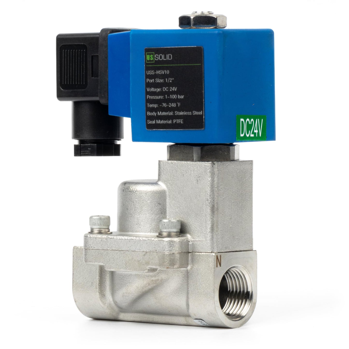 U.S. Solid 1/2" High Pressure Solenoid Valve, 24V DC, Stainless Steel, 100 bar, -76°F to 248°F – Heat-Resistant, High-Pressure Valve for Industrial Use, Water, Gas, Oil and Fluid Control