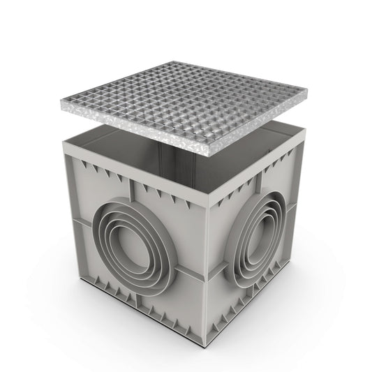 Vodaland - 22x22 Inch Large Catch Basin with Galvanized Stamped Steel Grate Complete Package