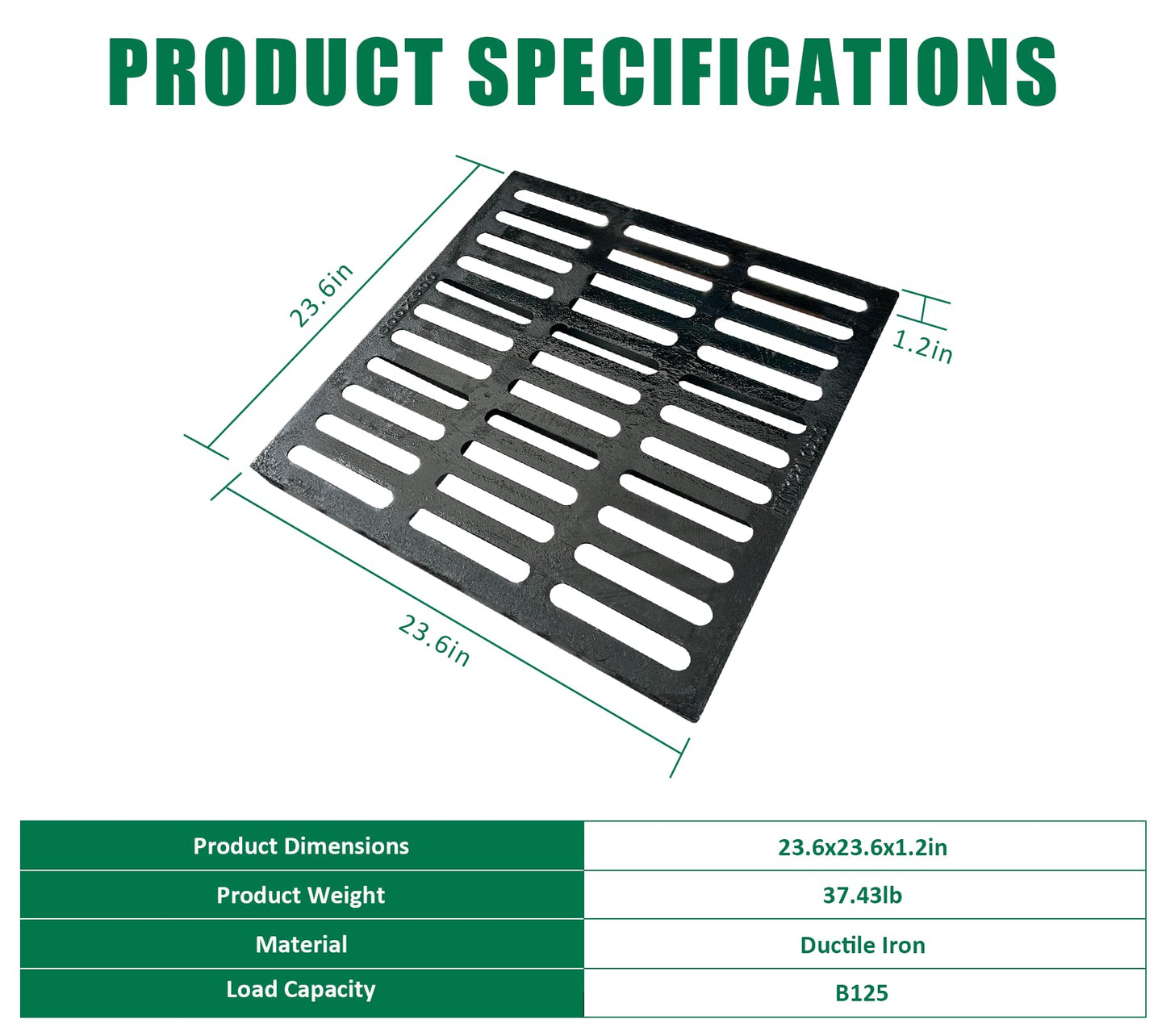Natotela Driveway Ductile Iron Drain Grate-24x24 in. Square Cast Iron Drainage Grate,Outdoor Heavy Duty Metal Catch Basin Grate for Garage,Parking Lot,Concrete Floor(23.6x23.6x1.2in)