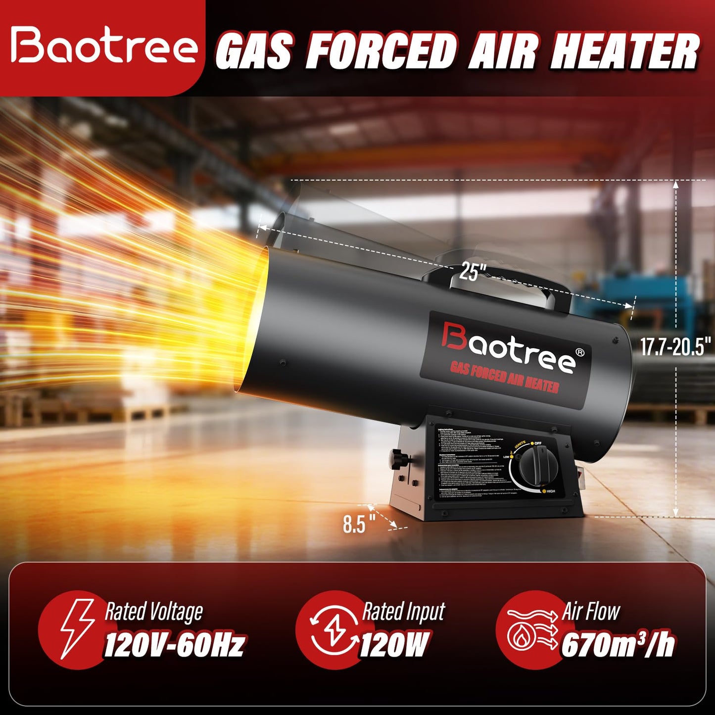 Baotree 12,500 BTU Forced Air Propane Heater, 10 ft Hose with Regulator Included,Portable Space Heater for Garage, Adjustable Liquid Propane for Shop, Jobsite, Construction Sites