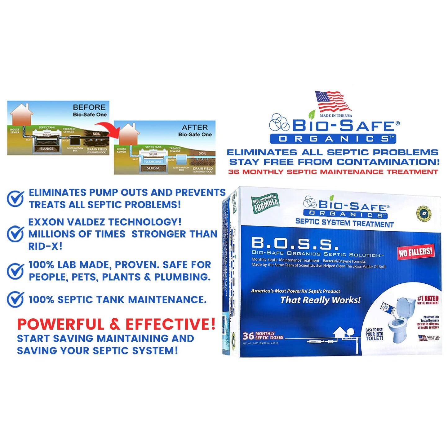 Bio-Safe Organics B.O.S.S - Septic Tank Treatment - 36 Monthly Doses - Septic Cleaner - Drain Cleaner - Drain Clog Remover - Unclog Toilet Septic Maintenance - Exxon Valdez Patented 100% Guaranteed