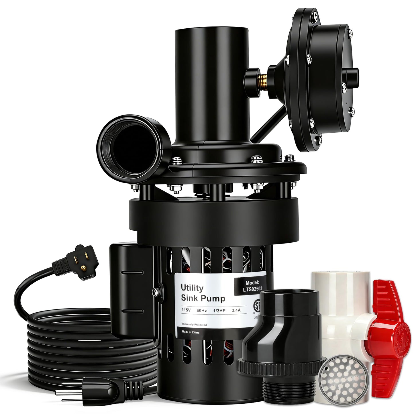 Automatic Utility Sink Drain Pump Directly Installed Under the Sink for Laundry & Basement, 1/3 HP Gravity Free Drainage Sink Pump with Drainage Filter Screen & Check Valve & Ball Valve