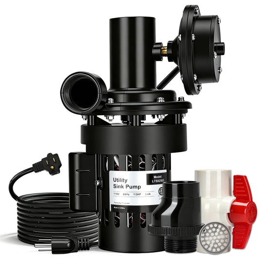 Automatic Utility Sink Drain Pump Directly Installed Under the Sink for Laundry & Basement, 1/3 HP Gravity Free Drainage Sink Pump with Drainage Filter Screen & Check Valve & Ball Valve