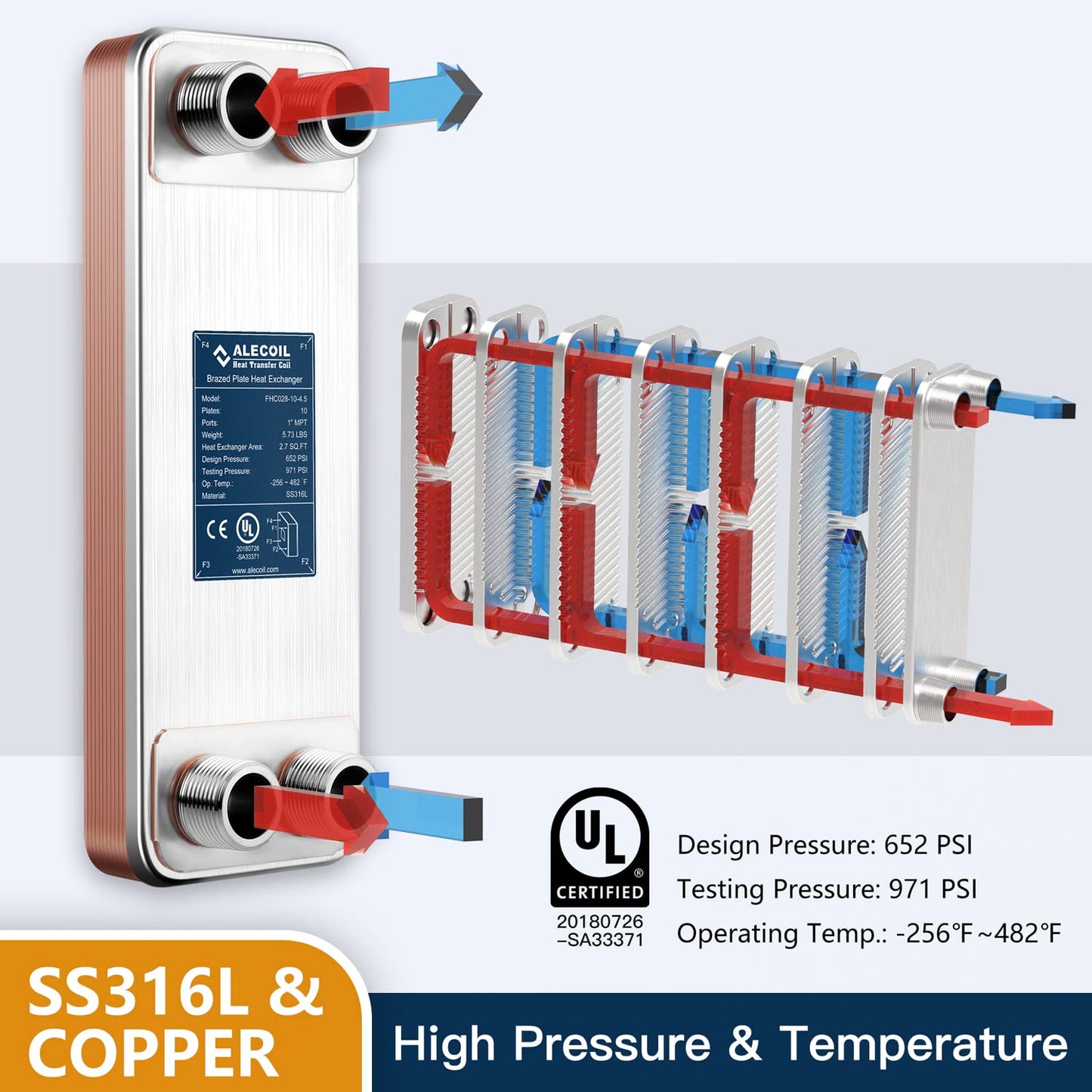ALECOIL 4"x12"-10 Plates Heat Exchanger with 1" MPT Port Water to Water 316L Stainless Steel Brazed Plate Heat Exchanger for Water Heating, Floor Heating, Industrial and Commercial Refrigeration
