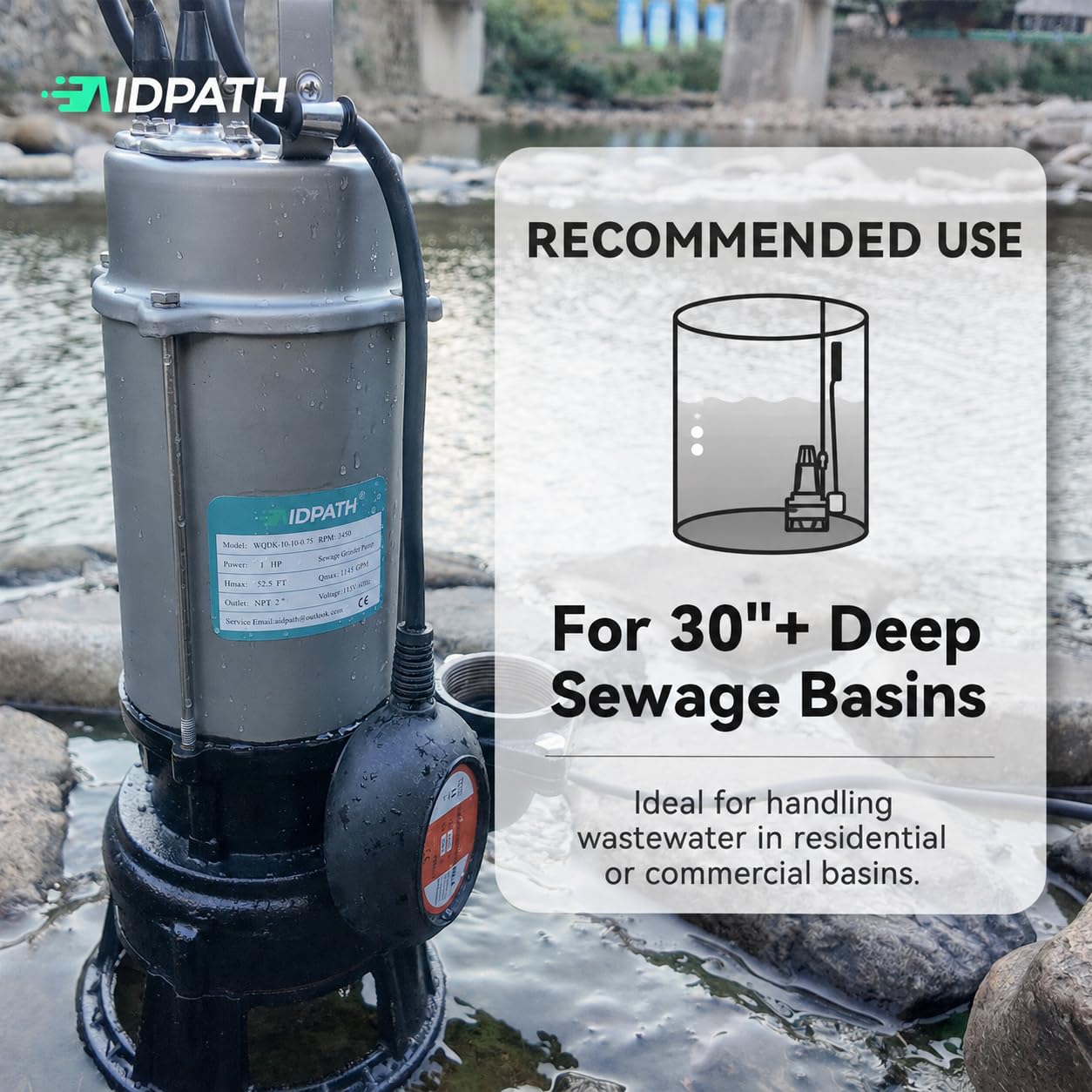 AIDPATH 1HP Submersible Sewage Grinder Pump, Stainless Steel Housing, 2" NPT Discharge - For 30"+ Deep Sewage Basins, Septic Tanks, 52.5ft Head 6076GPH Max Flow, 115V