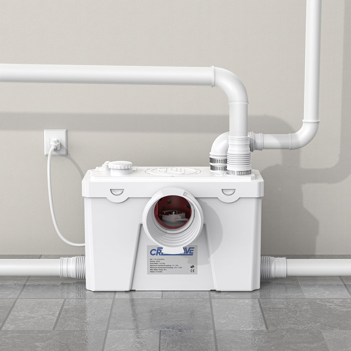 CrestWave 500W Macerator Pump, Heavy Duty Upflush System with 4 Water Inlets, 20L/M Flow, Perfect for Sink Toilet Basement Kitchen Shower Bathtub Laundry Waste Water in Homes, Off-Grid Sewage, Boat RV