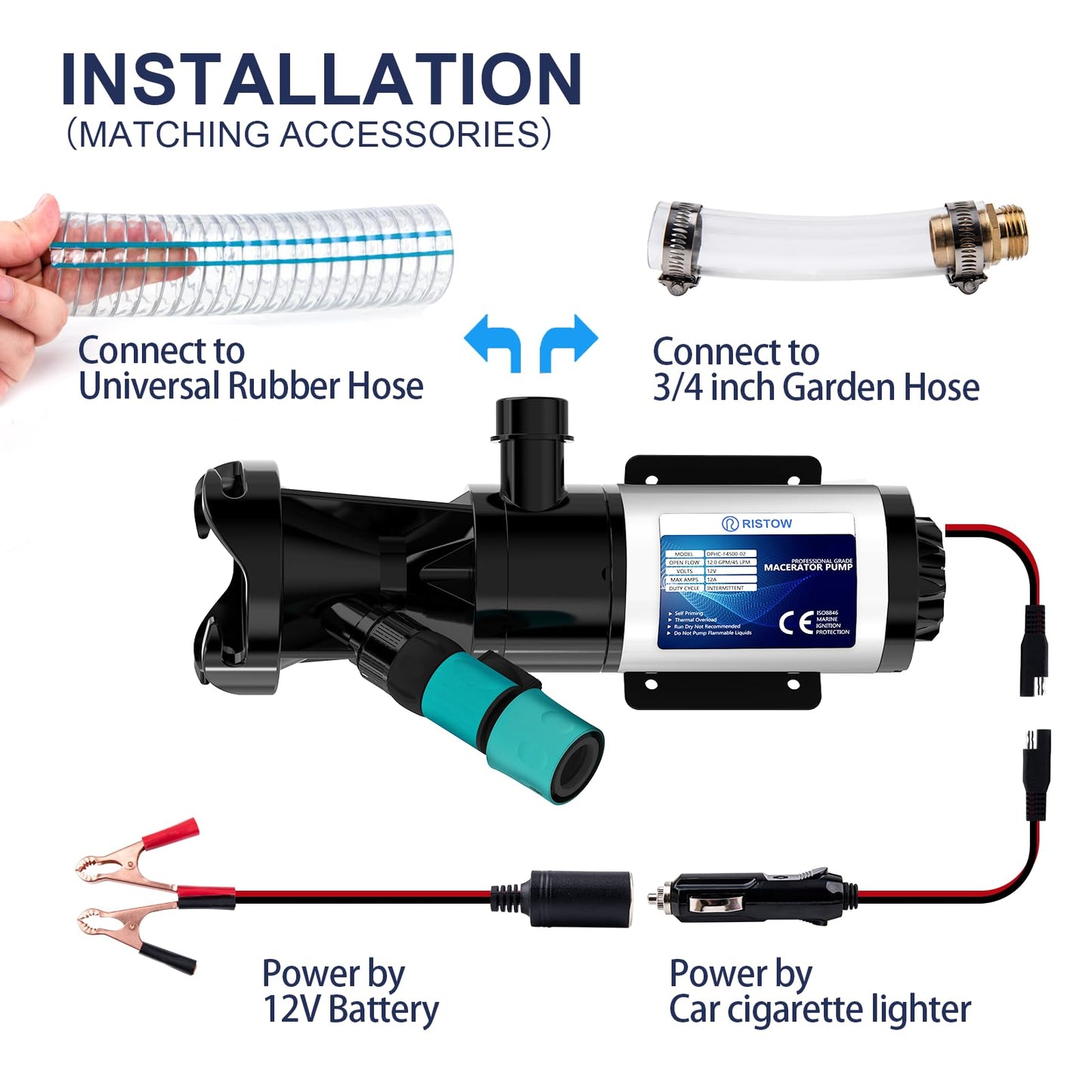 RV Macerator Pump 12V, 12GPM RV Waste Water Pump Self-Priming Sewer Pump with Garden Hose Discharge Port, Quick Release Sewage Pump with 10FT Tubing