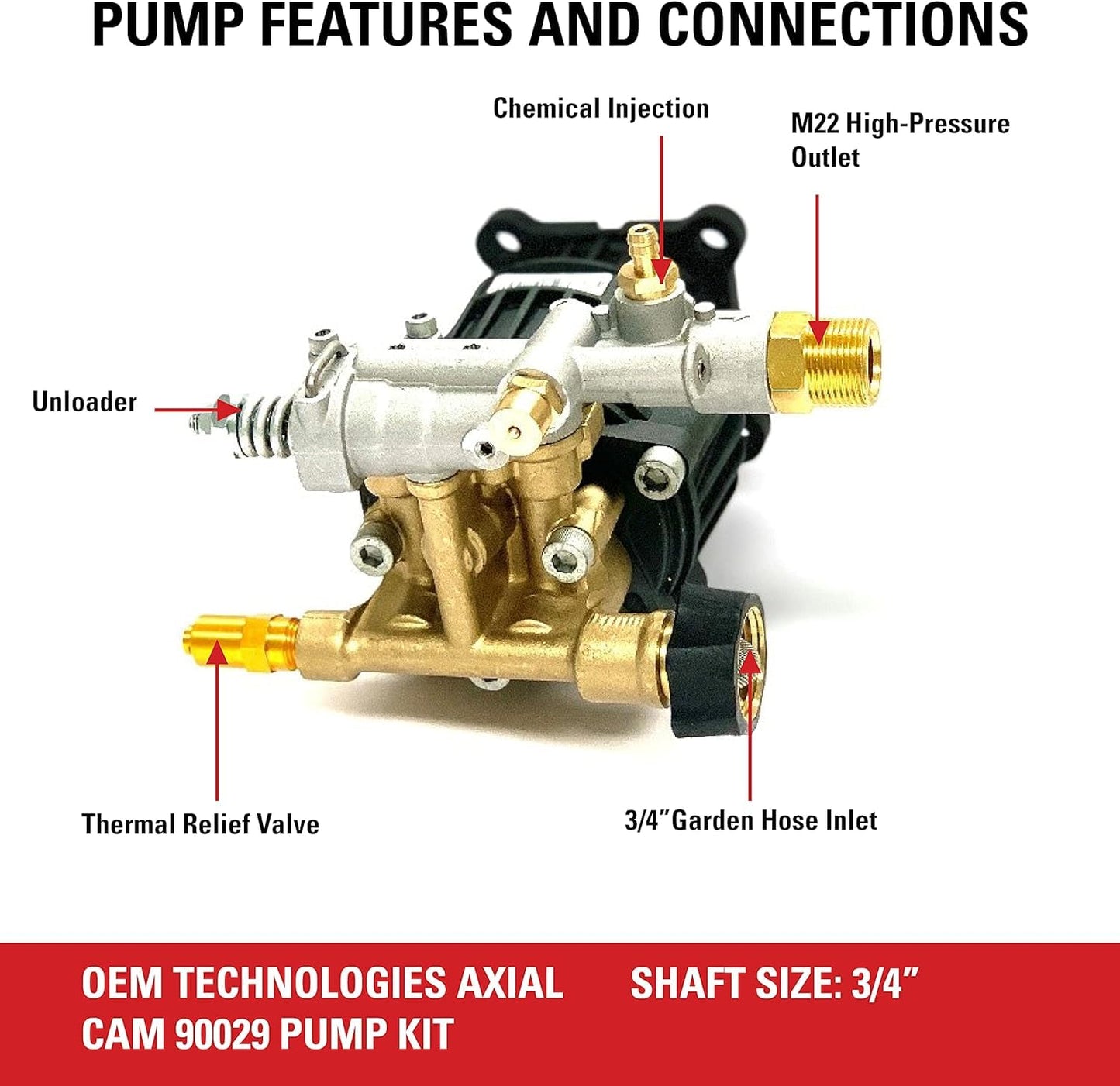 OEM Technologies 90029 Replacement Pressure Washer Pump Kit, 3400 PSI, 2.5 GPM, 3/4" Shaft, Includes Hardware and Siphon Tube, for Residential and Industrial Gas Powered Machines