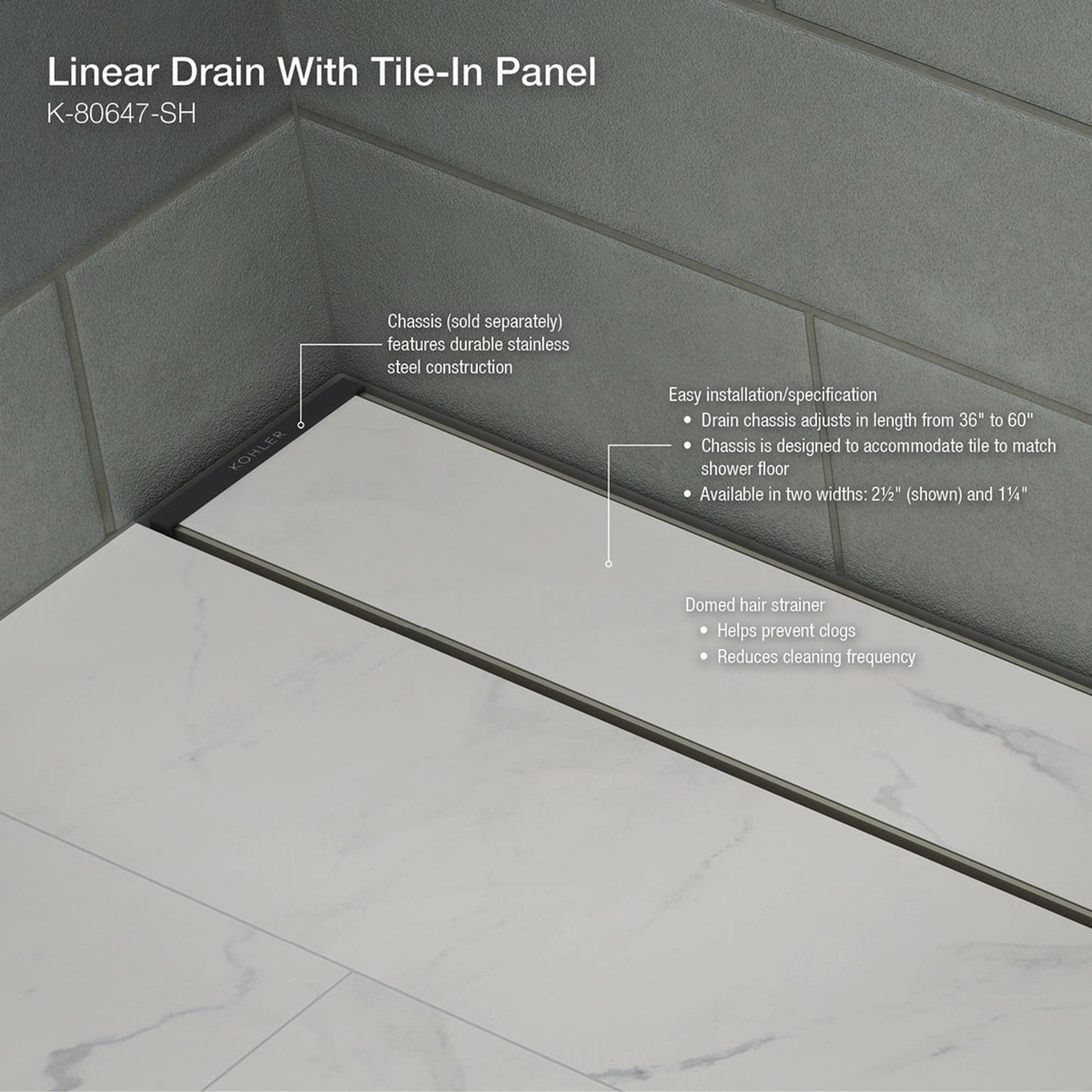 KOHLER 2½-in x 60-in Linear Drain Grate With Tile-in Panel