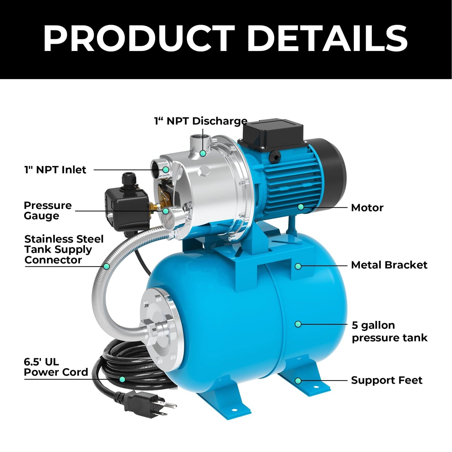 LEO Shallow Well Pump with Pressure Tank 1.5HP, Irrigation Jet Pump 1200 GPH Automatic Booster Sprinkler System,Stainless Steel Water Transfer Camp Pumps for Home, Garden, Lawn
