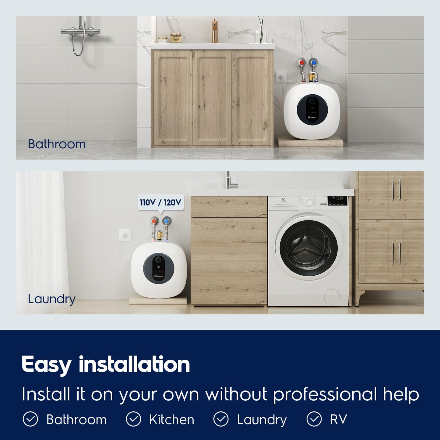 Electrolux 8 Gallon Water Heater Electric, Mini Tank Point of Use Under Sink Water Heater, 120V Plug in, 1440W Instant Hot Water for Kitchen, Laundry, RV
