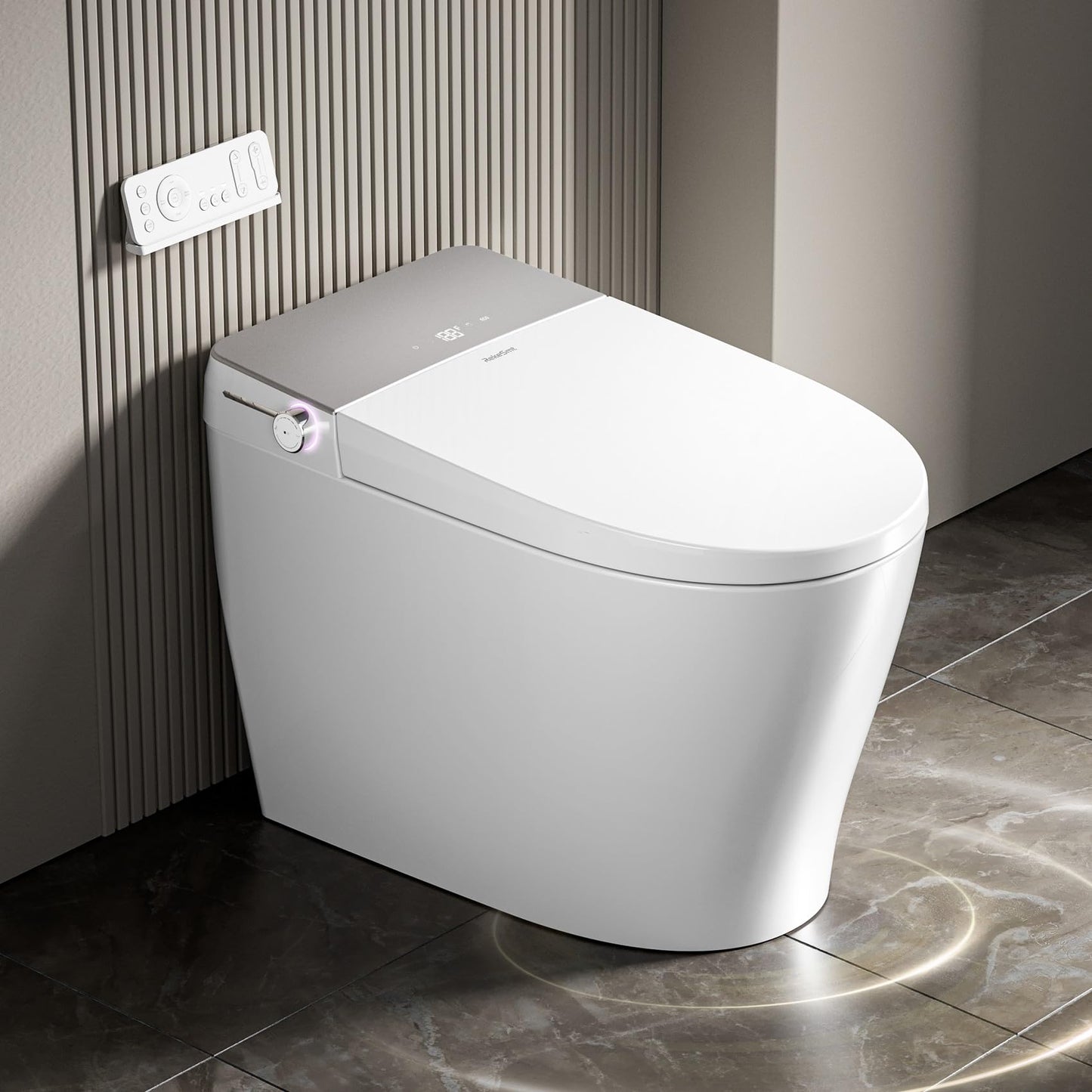 RekeSmt Commercial Grade Smart Toilet with Built-in Tank and Pump - 12” Rough-in, Low Water Pressure Solution, Heavy Duty Smart Bidet Toilet with Knob Control, Foot Sensor Flush, Blackout Flush