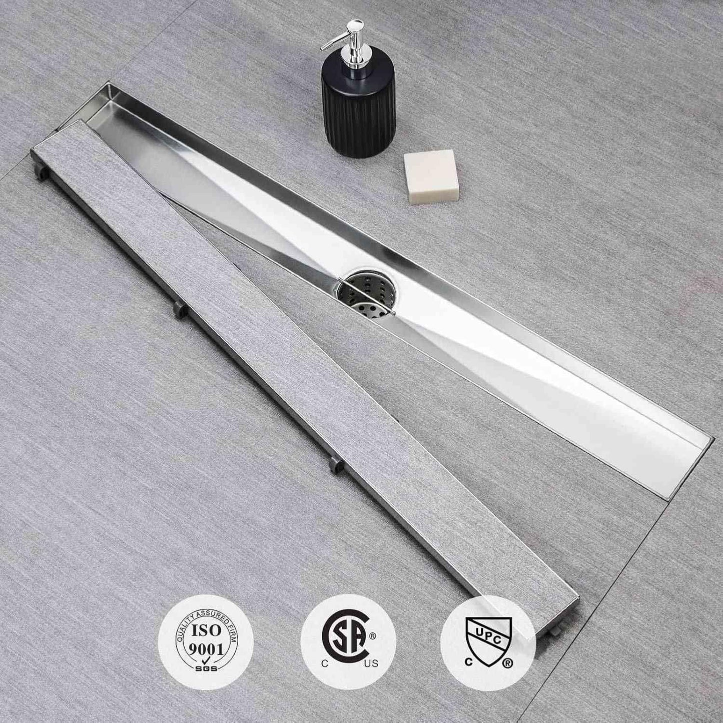 SaniteModar Linear Shower Drain, Shower Drain 60 inch 2 in 1 Tile Insert and Flat Cover, Brushed 304 Stainless Steel Linear Drain with Leveling feet and Hair Strainer