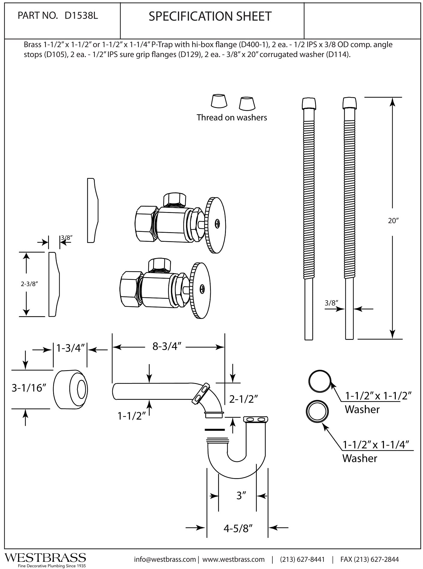 Westbrass A1538L-01 Pedestal Sink Lavatory Supply Line Kit with P-Trap and Round Handle Angle Stops, Polished Brass