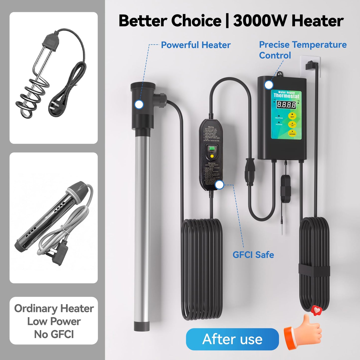 3000W Immersion Heater for Large Hot Tub & Medium Pool Heater, Submersible Immersion Heater with GFCI & Digital Thermostat, for Large Inflatable Hot Tub, Medium Above Ground Pool, Large Stock Tank