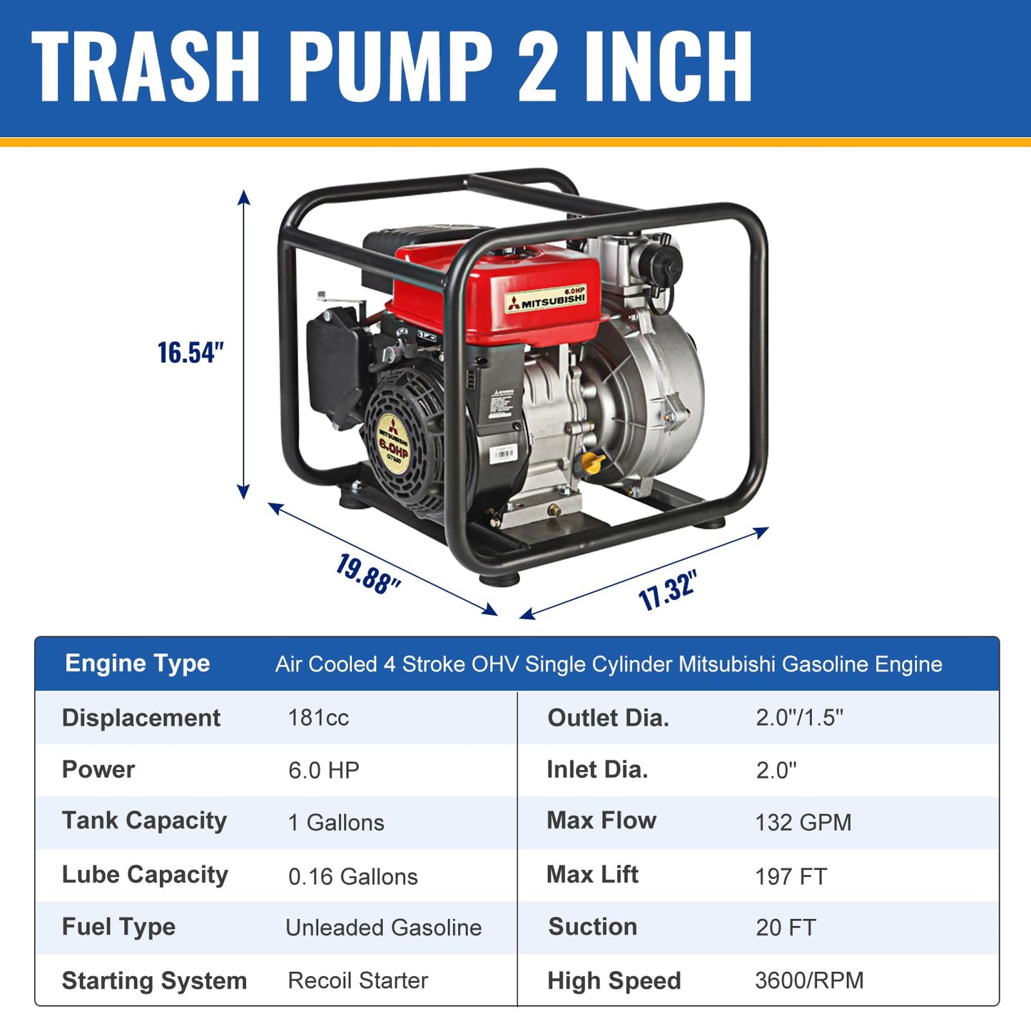 TOOLCY Trash Pump 2 inch with 6HP 181cc 132GPM 4-Cycle Gasoline Engine, Gas Powered Water Triple Outlet (2"/1.5"), Commercial Water Transfer Pump for Long-Distance Irrigation & Sprinkler Systems