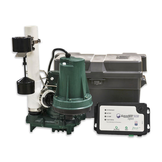 Zoeller 508-0006 AquaNot Spin 508 ProPak – Complete Sump Pump System with M53 Primary Pump & 12 V Battery Backup, Self-Testing, Check Valve & Float Switch - Basement Flood Protection