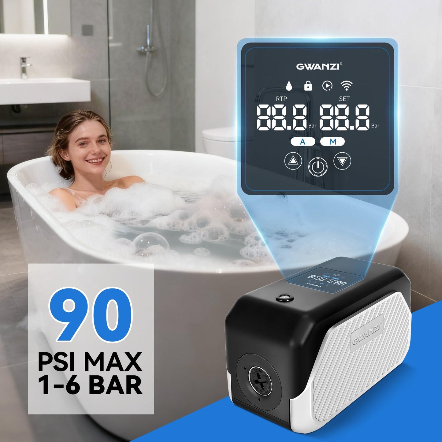 Gwanzi 1.2HP Whole House Variable Speed Water Pressure Booster Pump 90PSI 115V Automatic Penmanent Mangnet Motor Constant Pressure 1500GPH Wireless App Control for Home House Villa Apartmen
