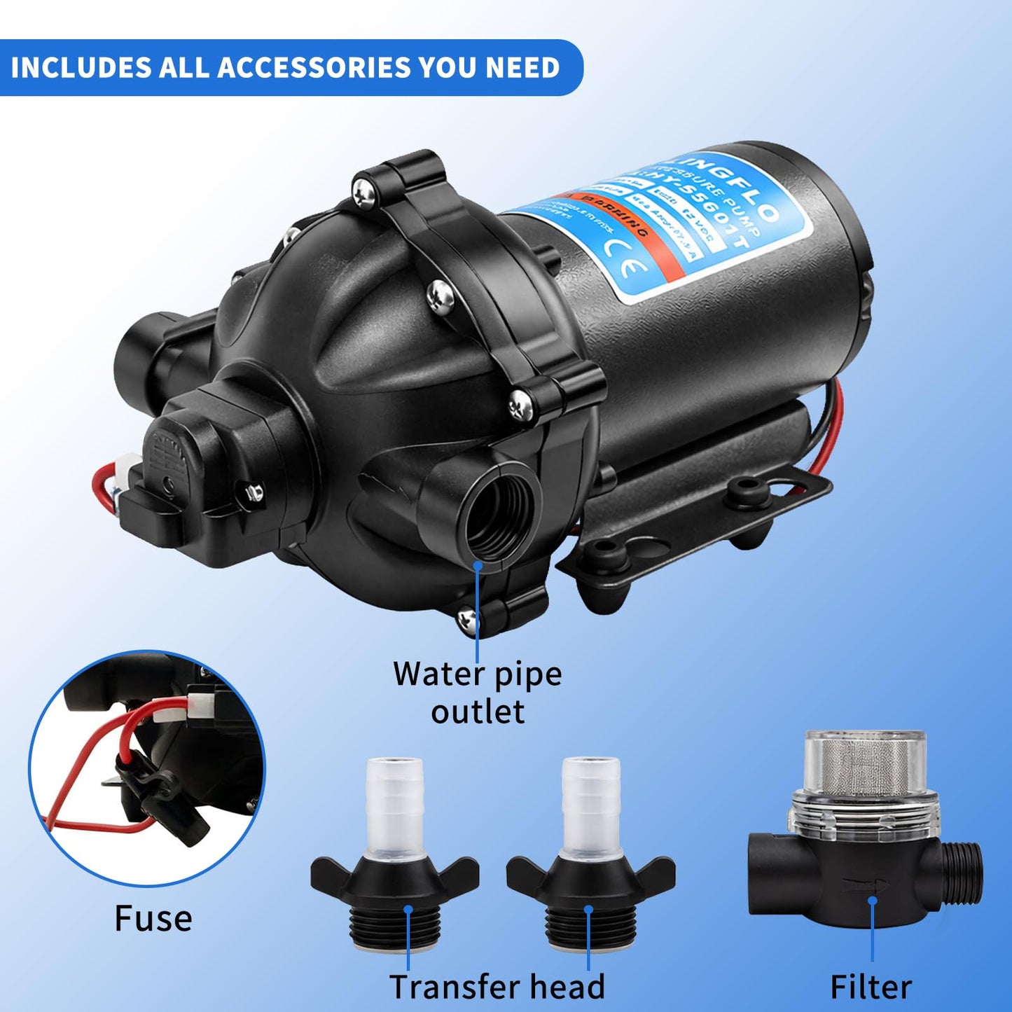 12V DC Diaphragm Pump - 5.5 GPM, 60 PSI Self-Priming, On-Demand Water Pump with Heavy Duty Pressure Switch, Operating Quiet, Ideal for RV, Boat, Marine