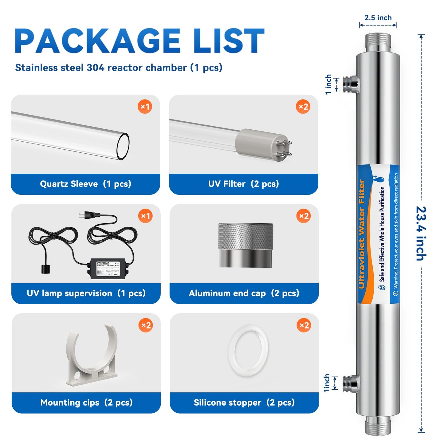 UV Water Filter Whole House, 1" MNPT 55W Water Purifier System for Whole House Water Purification,12 GPM, 120V, 1500H Lamp Life, +1 Extra Lamp